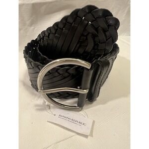 Banana Republic Black Braided Woven Leather Wide Belt Silver Buckle Size Small